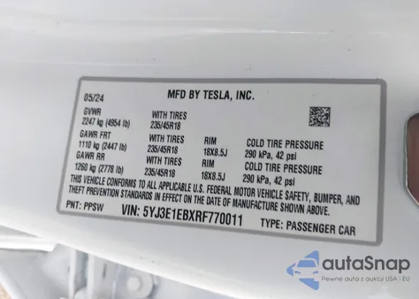 2024 Tesla Model 3 Long Range Dual Motor All-Wheel Drive z USA, uszkodzony, nr VIN 5YJ3E1EBXRF770011